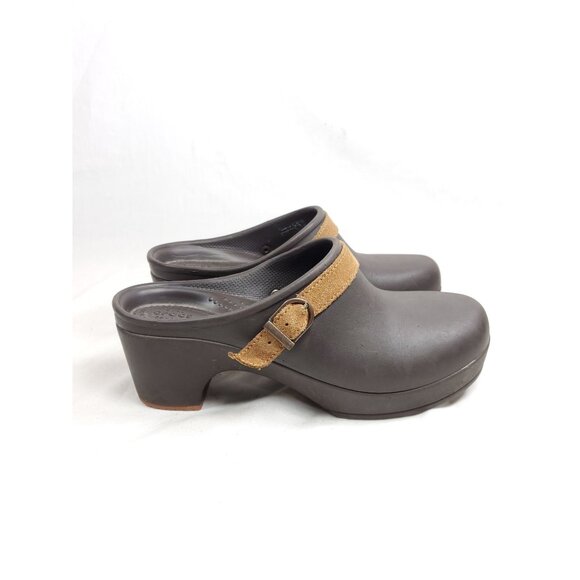 Crocs Womens Size 8 Brown Rubber & Suede Heeled Clogs With Adjustable Strap - Picture 5 of 6
